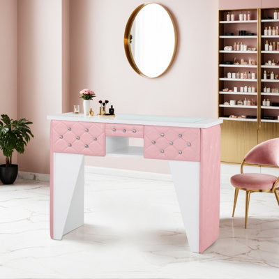 Table de manucure avec rembourrage en similicuir, tiroir de présentation et plateau en verre