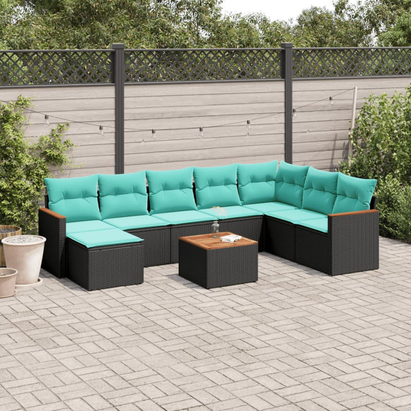 Ensemble de canapé de patio 9 pièces avec coussins en rotin de polyester, Bleu clair, Noir
