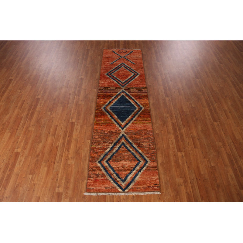 Orange Wool Moroccan Oriental Runner Rug 3x10