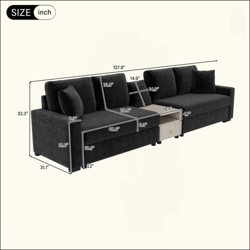 Canapé-lit moderne avec accoudoirs de rangement et console centrale pour le salon, 32,3 po H x 127,9 po x P 31,1 po po, Noir