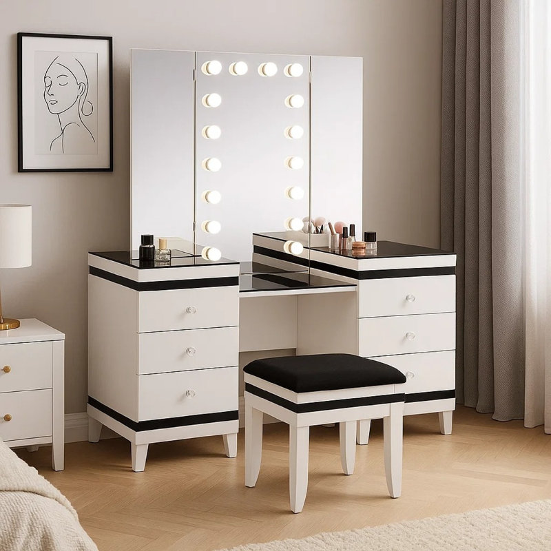 Denna Vanity Set With Stool, Tri-Fold Lighted Mirror, Black Glass Table