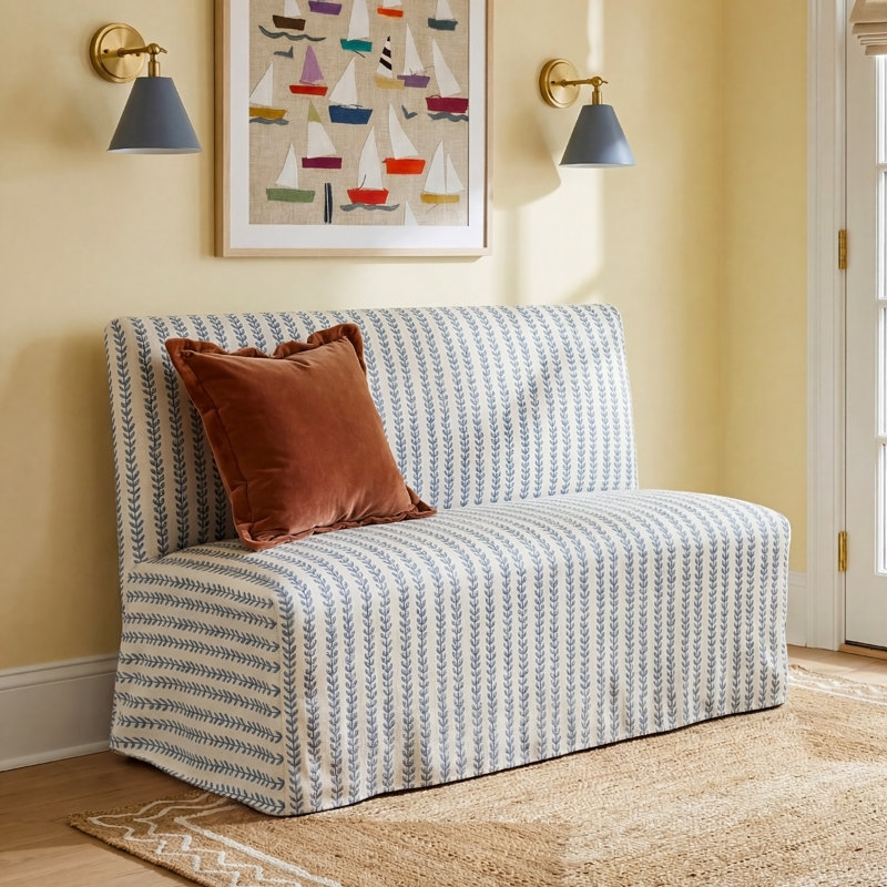 Silvia Upholstered Bench, Vine Stripe Dusty Blue