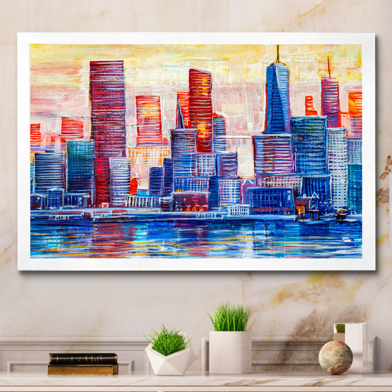 «Abstract Nyc Skyscrapers», peinture sur toile, H 16 po x l 32 po x P 1 po, Cadre photo blanc
