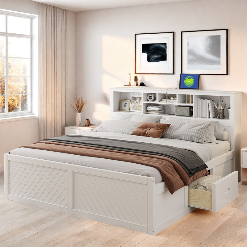 Lit plateforme en bois avec tête de lit multi-rangement, USB et 2 tiroirs, Blanc
