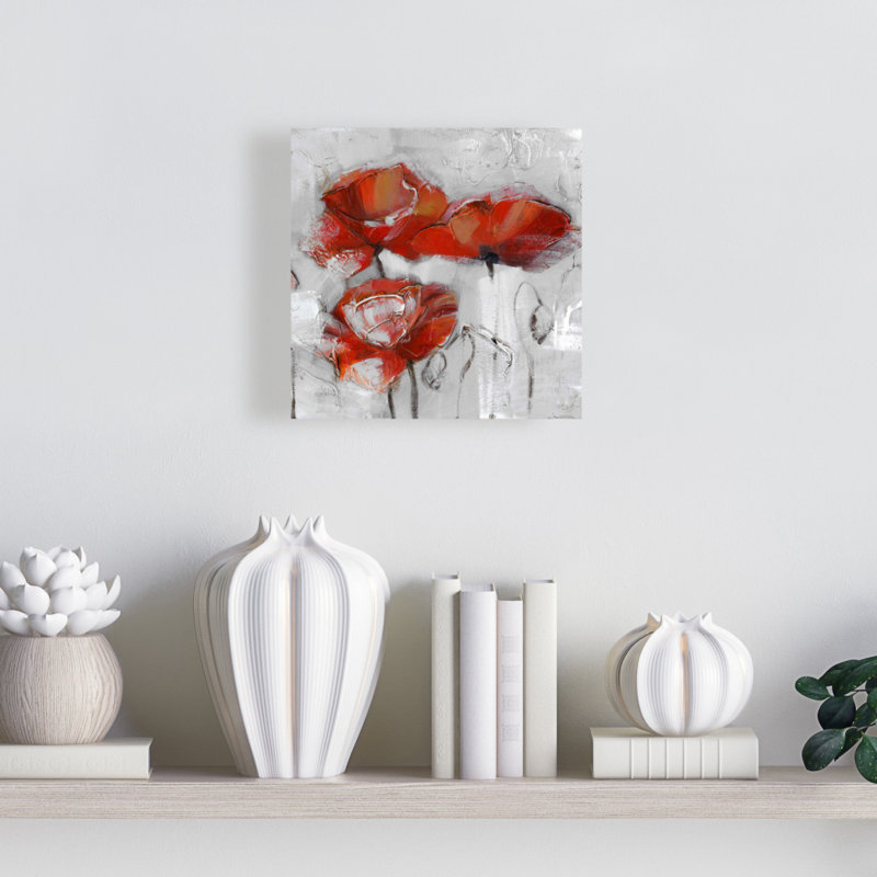 Toile abstraite grise coquelicots | Décoration de chambre botanique, H 8 po x l 8 po