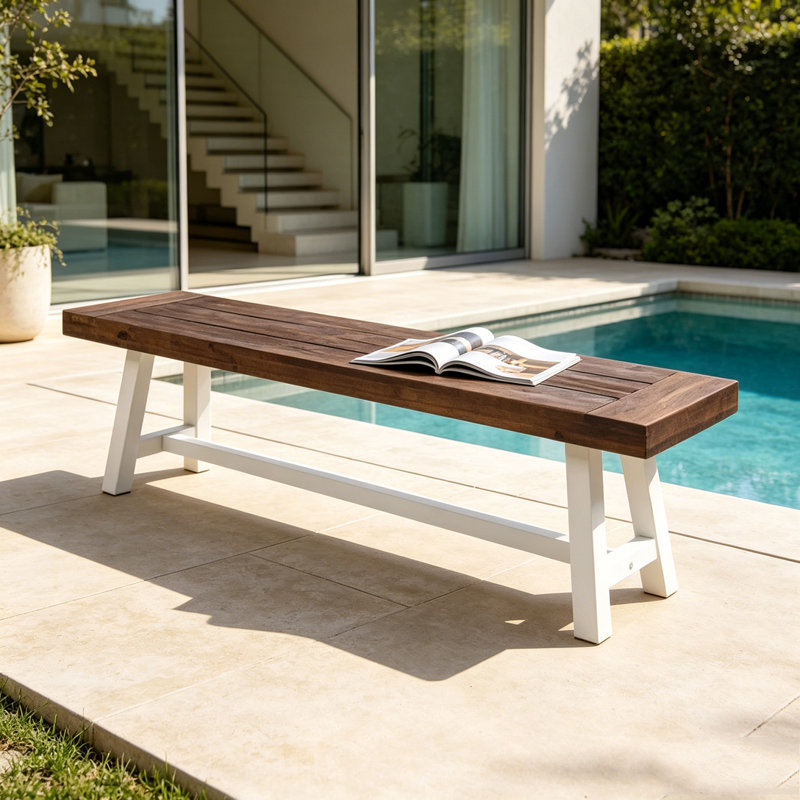 Banc de salle à manger en bois d'acacia avec cadre en métal noir rustique, Brun blanc - 1 pièce