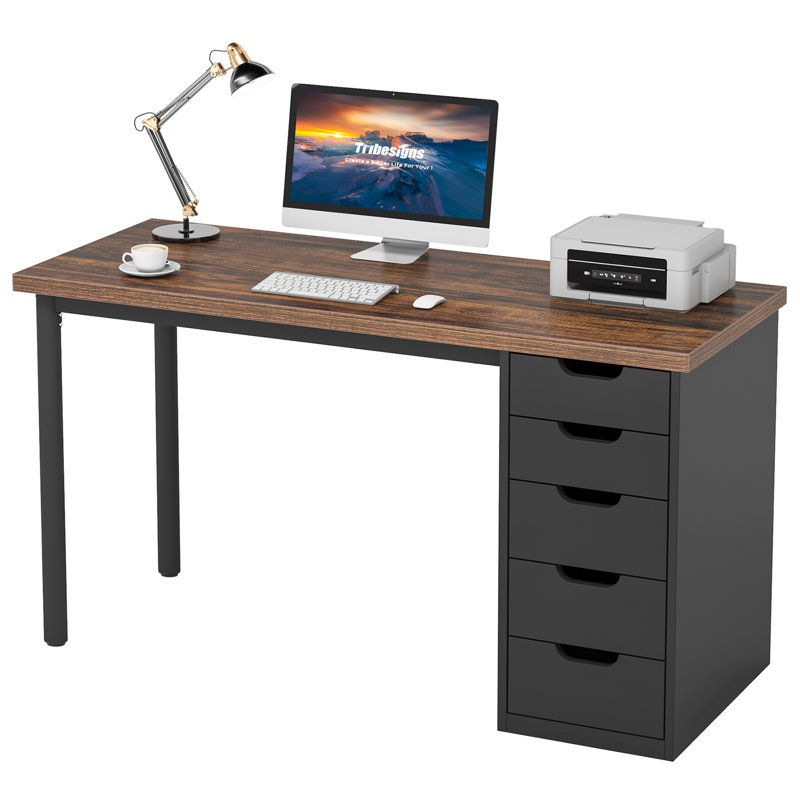 Computer Desk with 5 Drawers, Brown/Black