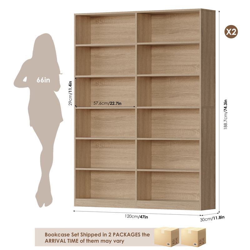 74.3"h X 47.2"w Wood Double 6-tier Standard Bookcase (set Of 2), Oak