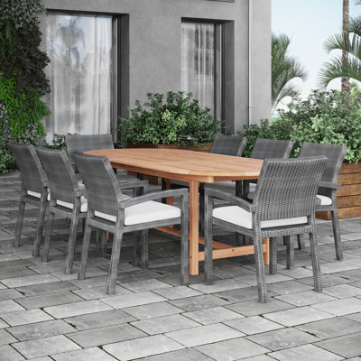 Anautica Outdoor Patio 9pc FSC Solid Teak Wood and Wicker Dining Set