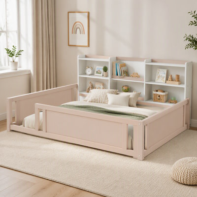 Full Size Wooden Platform Floor Bed With Guardrail Fence And Convenient Side Storage Shelves