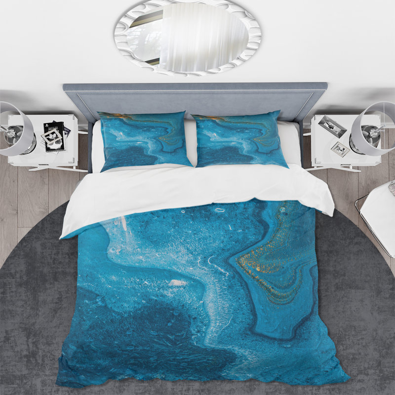 Abstract Marble Composition In Blue II - Modern Duvet Cover Set - Microfiber Polyester, Twin Duvet Cover + 1 Standard Sham