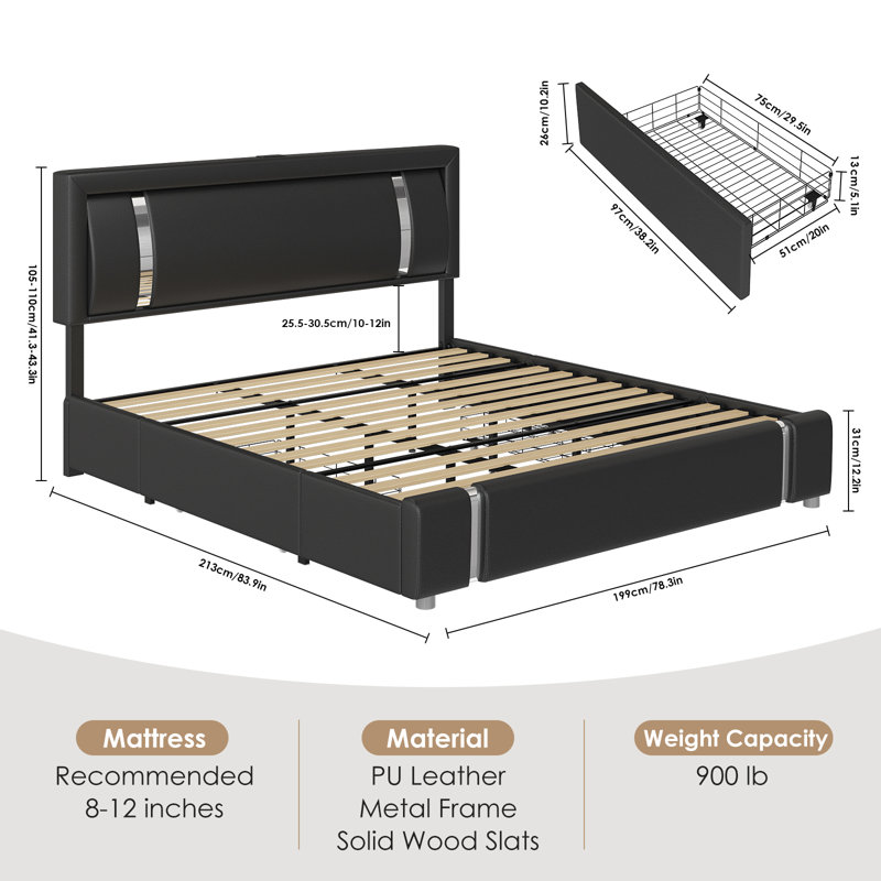 Barbuto PU Low Profile Storage Bed Frame with Lighted Headboard, USB Ports and 2 Drawers, King, Black