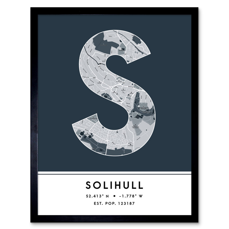 Solihull City Map Solihull Navy - Single Picture Frame Print