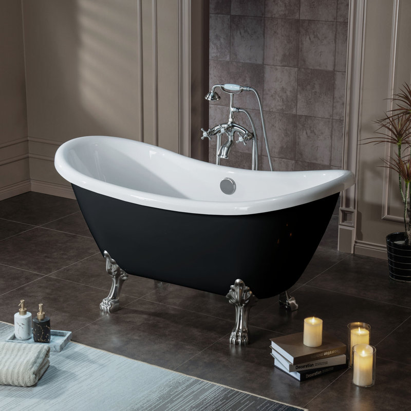 59" x 28" Clawfoot Soaking Acrylic Bathtub, Black, Brushed Nickel