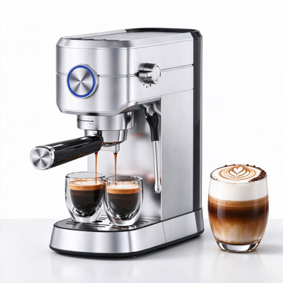 Machine à café expresso compacte de 20 bars avec mousseur à lait, cafetière en acier inoxydable, réservoir d'eau amovible de 1 litre, chauffe-tasses, fonction autonettoyante, couleur argent.