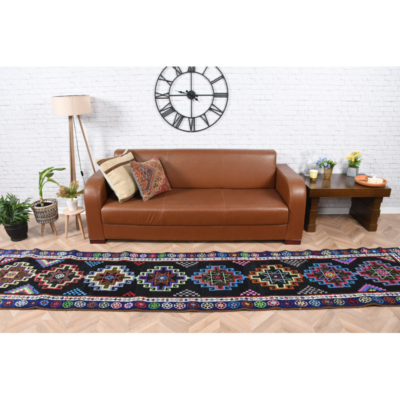 Tapis de couloir turc noué à la main en laine pure pour un look rétro