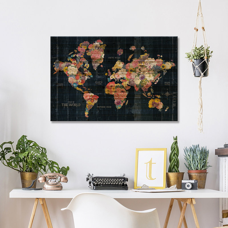 «Harshika Botanical Floral Map Words» par - Impression sans cadre sur bois, H 18 po x l 26 po x P 1,5 po