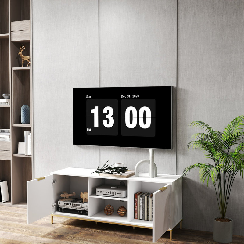 TV Stand With Wave-Design Doors, Open Shelf And Adjustable Shelf, Stylish And Functional For Your Living Room