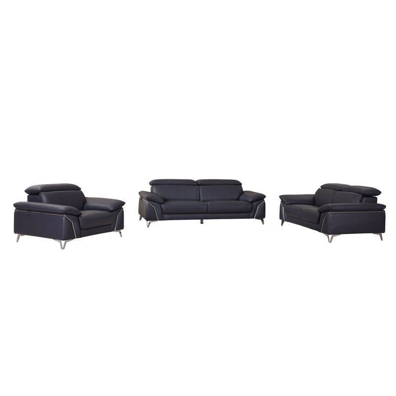Ensemble de canapé 3 pièces en cuir véritable bleu marine avec appuis-tête réglables, Bleu marine