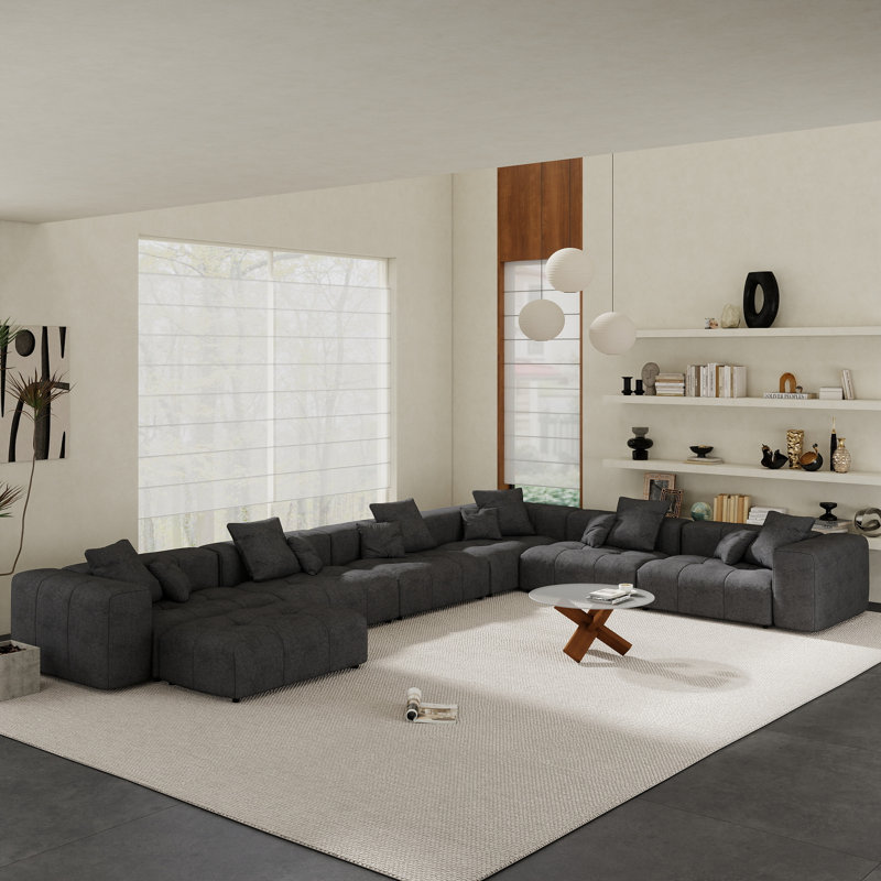 Kay Crumley 7-Piece Upholstered Boneless Modern Linen Fabric Sectional Sofa With Ottoman, Black
