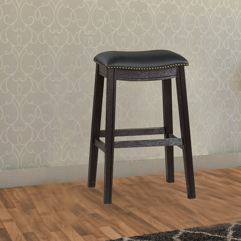Adjustable Saddle Style Swivel Bar Stool in Black Leather and Wood
