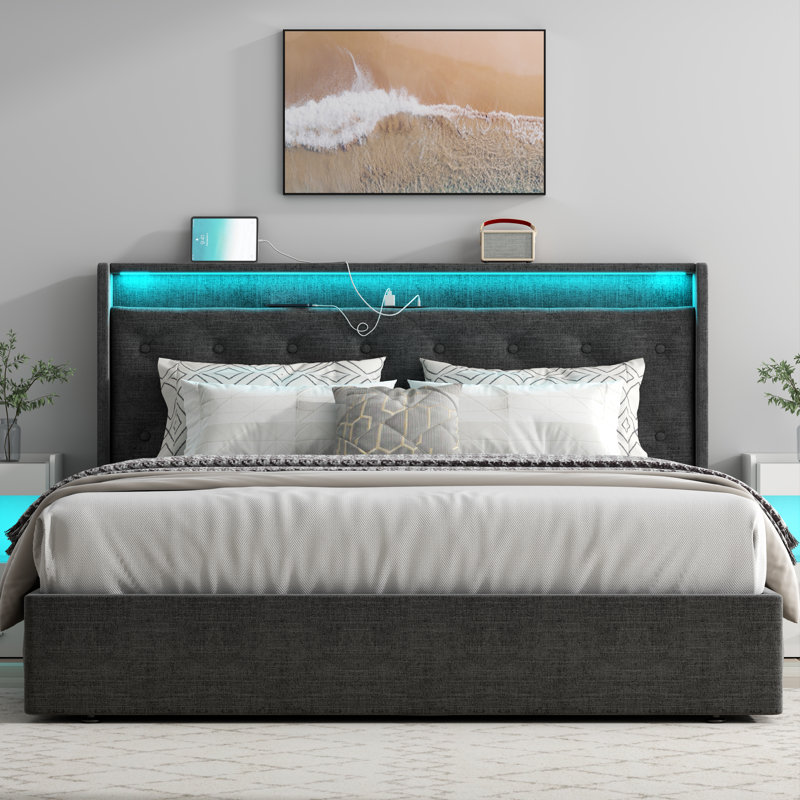 Dark Gray Queen Upholstered Hydraulic Storage Bed with LED Headboard