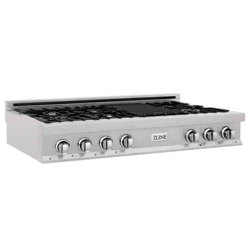 ZLINE 48" Porcelain Gas Stovetop in Fingerprint Resistant with 7 Gas Burners and Griddle, Stainless Steel
