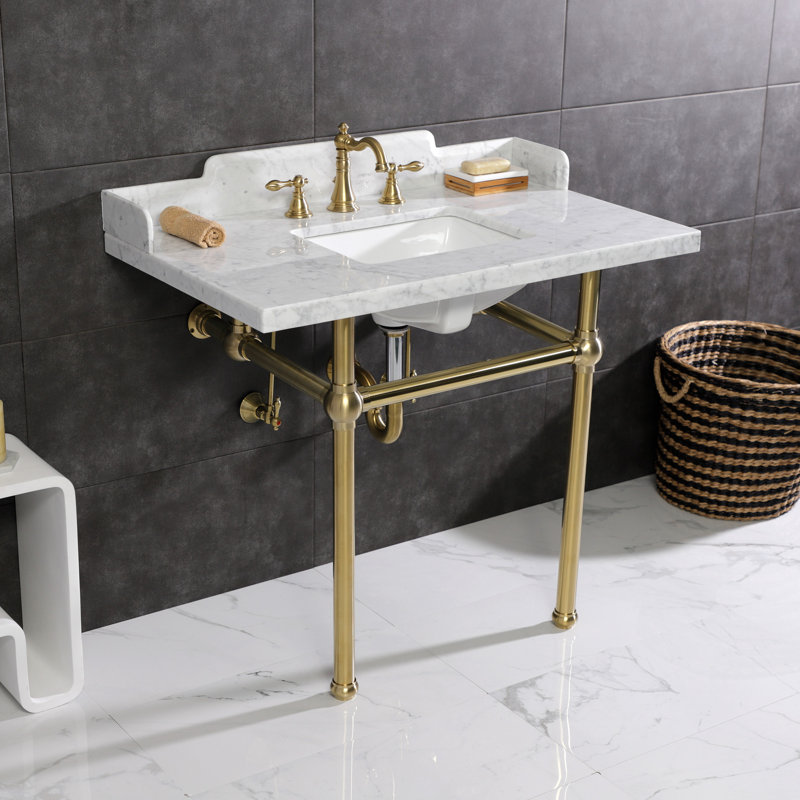 Lavabo console en marbre de Carrare de 36 pouces avec pieds en laiton Pemberton Kingston (8 pouces, 3 trous)