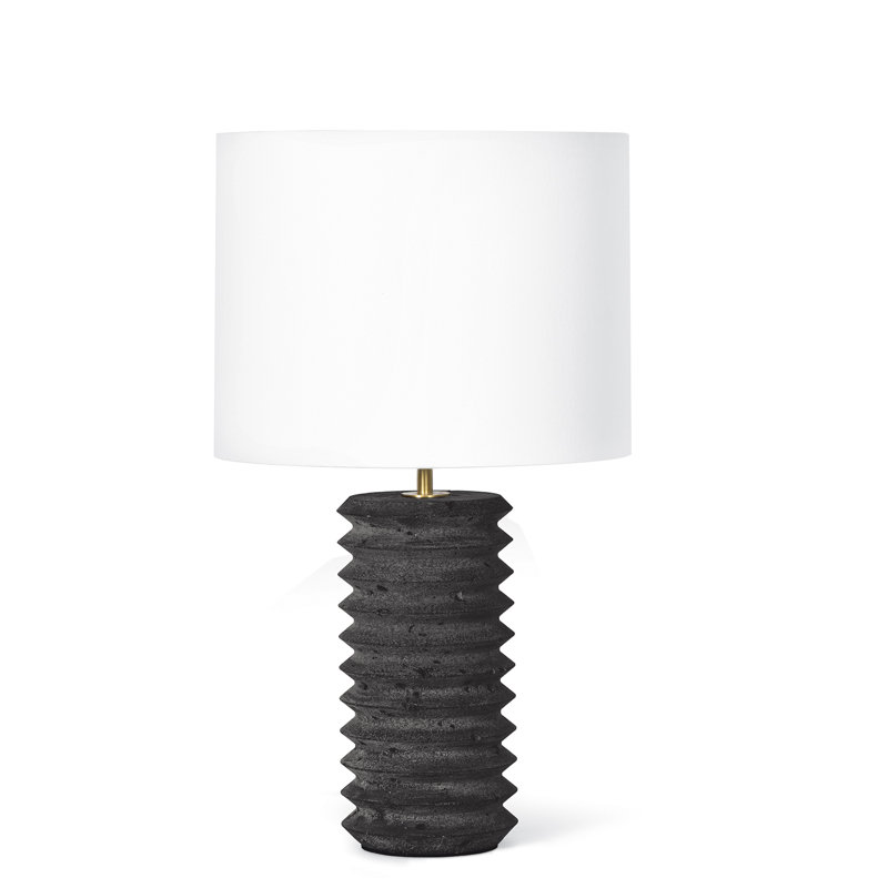 Black Travertine Table Lamp with Linen Shade