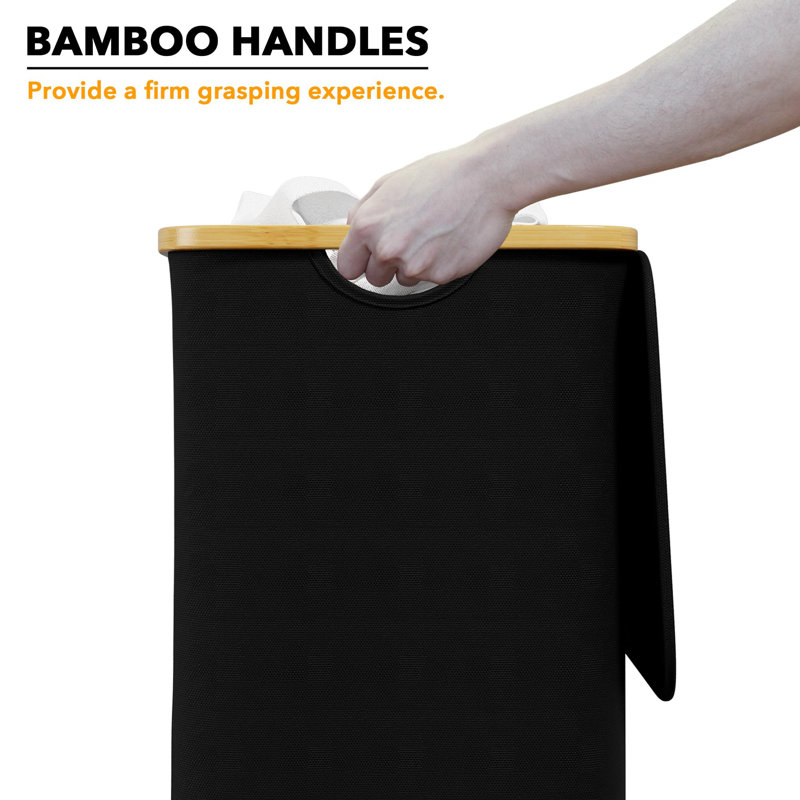 Laundry Hamper With Lid, 110L Large Tall Clothes Basket Bin With Bamboo Handles, Collapsible Laundry Hamper