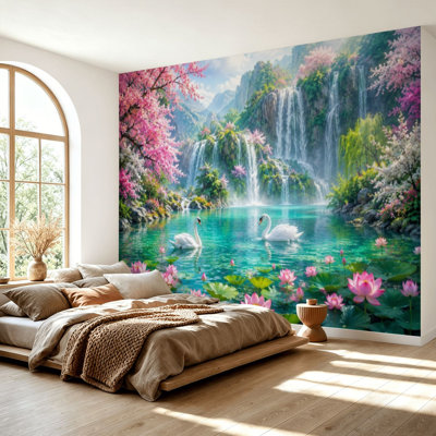 Papier peint adhésif autocollant Serene Waterfall Landscape Swans Lotus Flowers