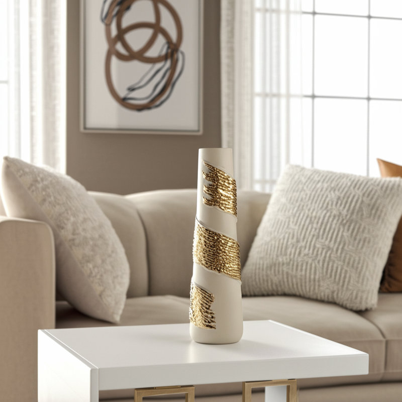 Glass White and Gold Cylinder Aluminum Wrapped Vase, 18" H x 5" W x 5" D