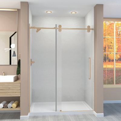 Porte de douche de grange coulissante sans cadre, verre transparent de 3/8 po, 59 po de largeur x 80 po de hauteur, par Transolide Teegan Plus