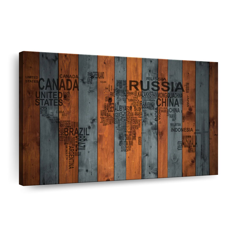 Carte typographique en bois sur toile, H 8 po x l 12 po x P 1 po