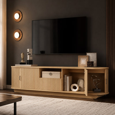 American Style TV Stand with Open Shelf Drawer and Spacious Cabinets Featuring Hidden Sliding Storage Compartments and Safe Rounded Corners