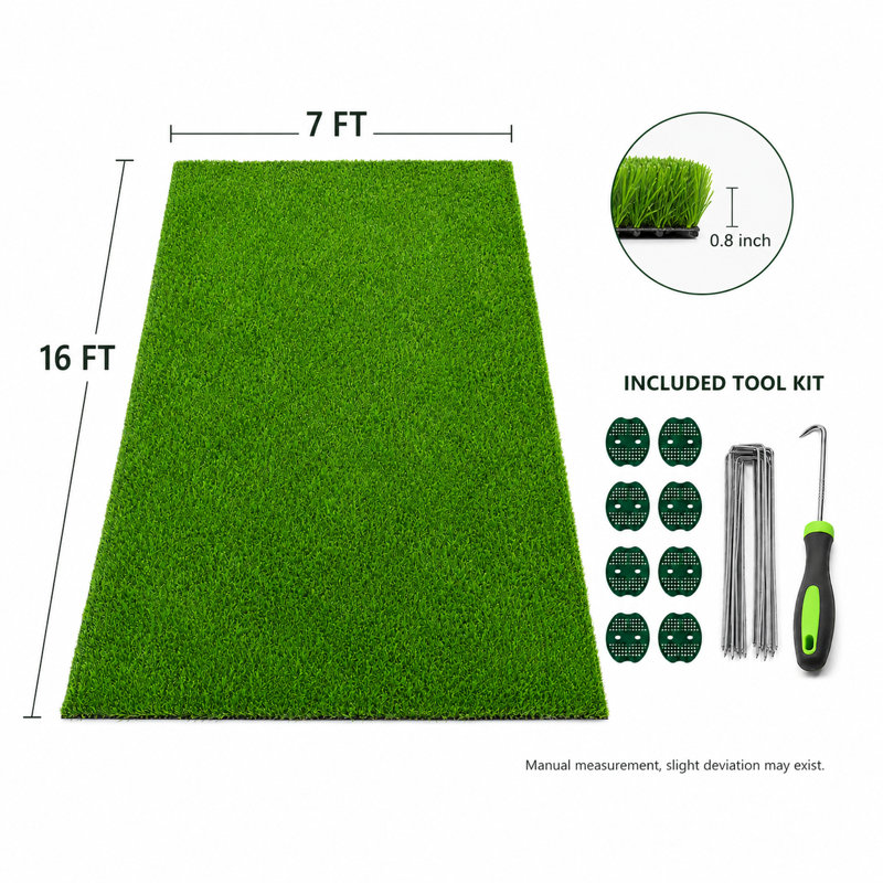 Rouleau de gazon artificiel 7 pi x 16 pi, hauteur de poils de 0,8 po pour la cour, le patio et le décor saisonnier de jardin