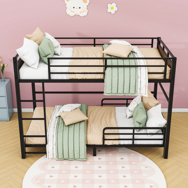 Metal Bunk Bed With Raised Security Fence, Vintage Wood, Extra Long Twin Over Extra Long Twin