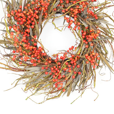 26" Artificial Farmhouse Thanksgiving Day Harvest Blossom Cluster Grass Berry Fall Wreath For Front Door