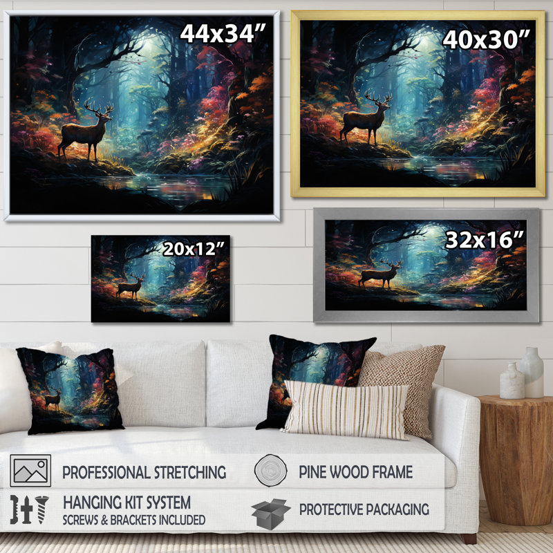 " Deer Enchanted Forest III ", White Floater Framed, 24" H x 32" W x 1" D