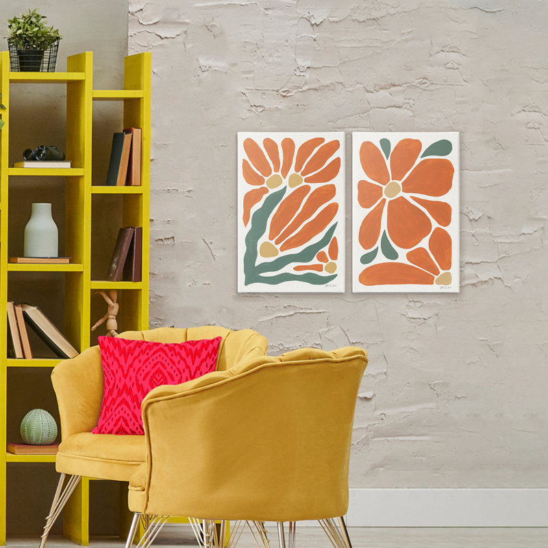 Ensemble de 2 toiles Mid-Century avec motifs abstraits de fleurs, design par Yvette St. Amant, H 30 po x l 40 po