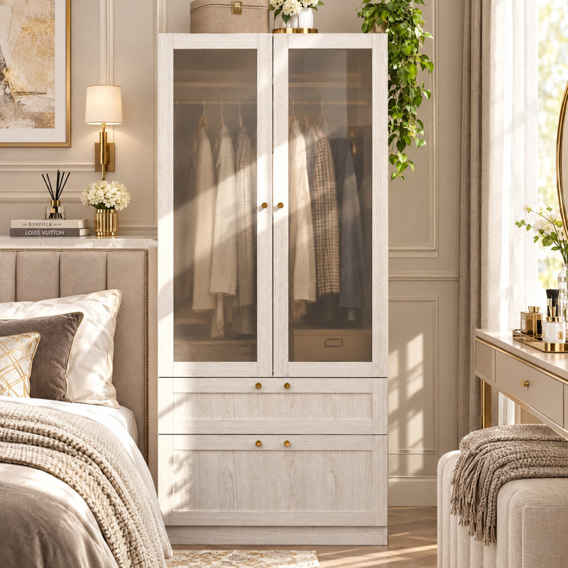 70.9”H Armoire Wardrobe with Frosted Glass Doors, Hanging Rod & 2 Drawers