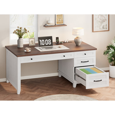 Bureau de direction de style ferme avec prises électriques et ports USB – Bureau d'ordinateur en bois de 136 cm – Tiroir à dossiers, rangement, bureau pour la maison – Brun et blanc