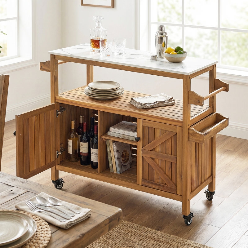 Wexley Modern Farmhouse Acacia Wood Outdoor Bar Cart with Marble-Effect Top, Storage Cabinet & Locking Casters