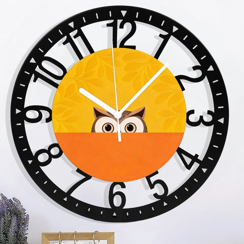 Horloge murale ronde en fer 10 po avec mouvement à quartz silencieux, chiffres arabes, impression UV, Hibou