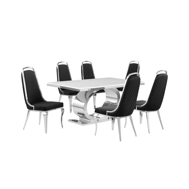 Ensemble de salle à manger rectangulaire 39 po de large Khiri, Noir / argent, 7, Argenté