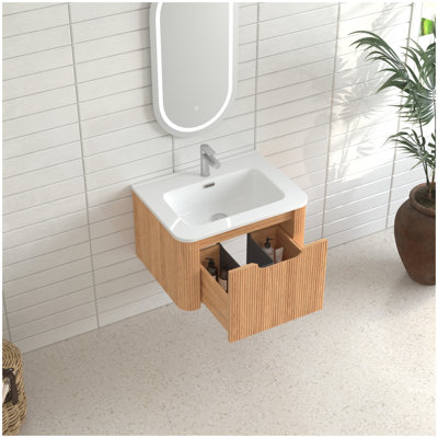 24" Wall-Mounted Floating Bathroom Vanity Pre-Assembled Curved Edge Storage Bathroom Cabinet in Natural Walnut Color with White Ceramic Basin