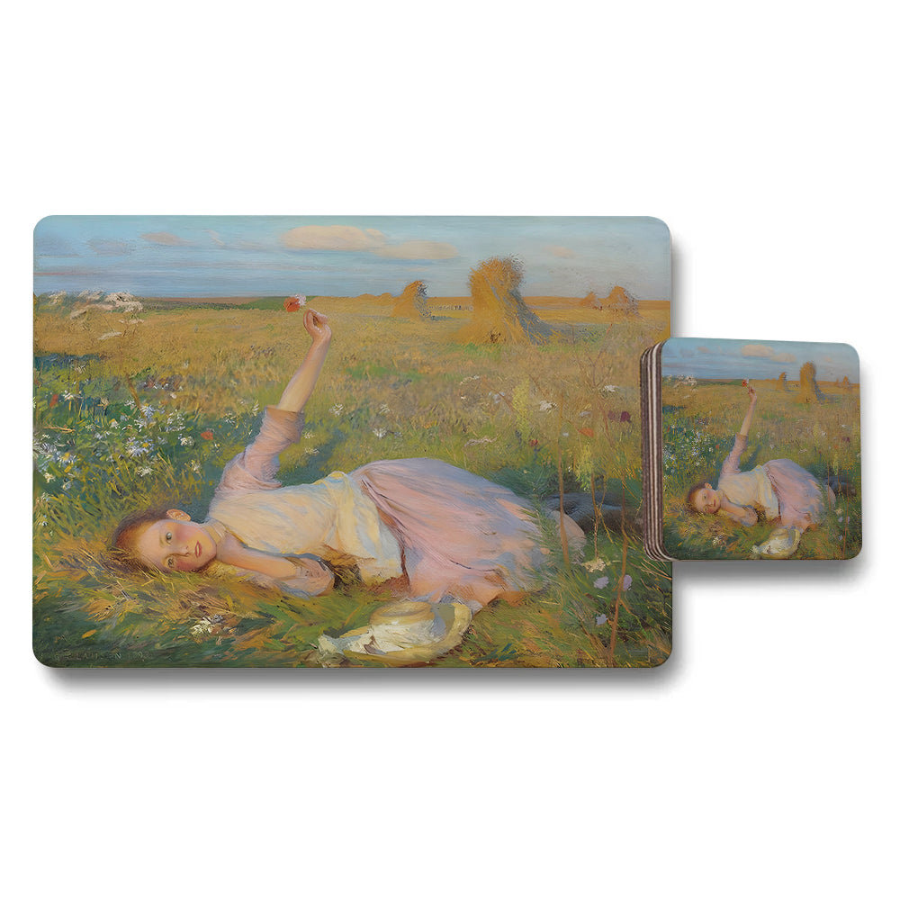 Impressionist Meadow Scene Placemat and Coaster Set With Girl Reclining