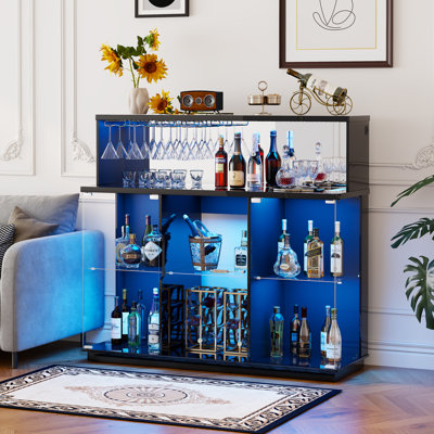47" Wine Bar Cabinet with Mini Fridge Storage, Glass Display Cabinet, Home Office Coffee Bar Hutch