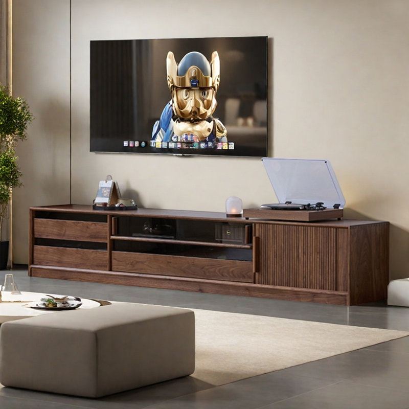 Nordic Style Walnut Wood TV Stand, 17.71"H x 86.61"L x 15.75"W