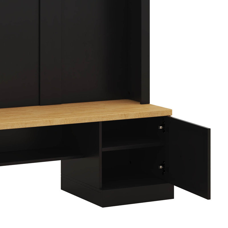 4-In-1 Hall Tree With Wood Grain Bench And Top, Coat Rack With Hooks And Shell Handles, Mudroom Bench With Adjustable Shelves